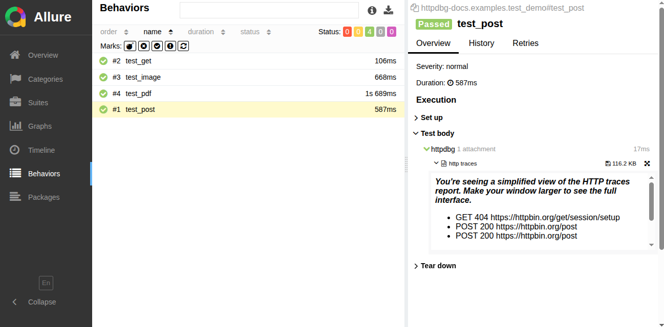 Allure report with HTTP traces html report in compact mode